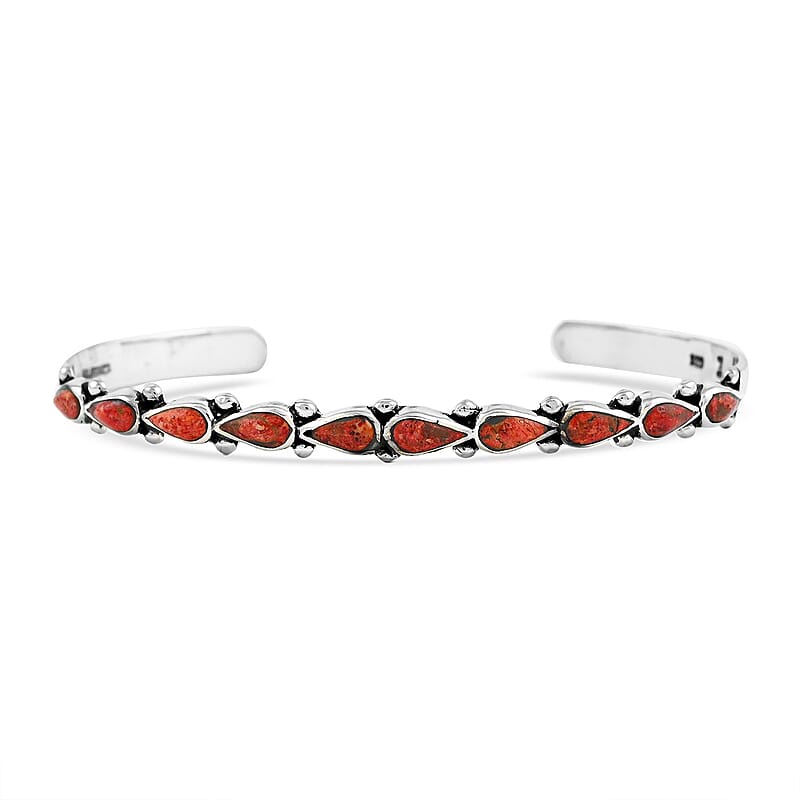 Santa Fe Style Red Coral 12.00 ctw Cuff Bracelet in Sterling Silver (Adjustable)