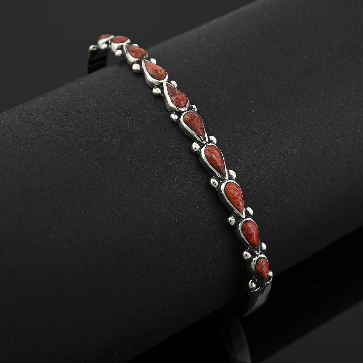 Santa Fe Style Red Coral 12.00 ctw Cuff Bracelet in Sterling Silver (Adjustable) image number 1