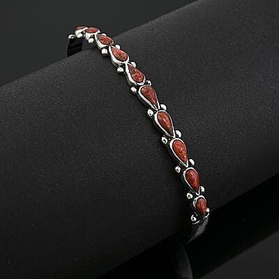 Santa Fe Style Red Coral 12.00 ctw Cuff Bracelet in Sterling Silver (Adjustable)