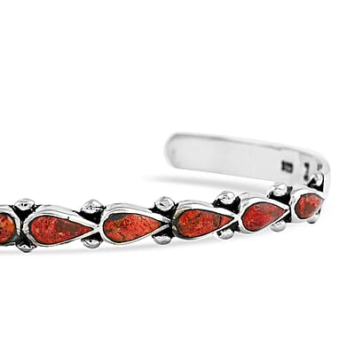 Santa Fe Style Red Coral 12.00 ctw Cuff Bracelet in Sterling Silver (Adjustable)