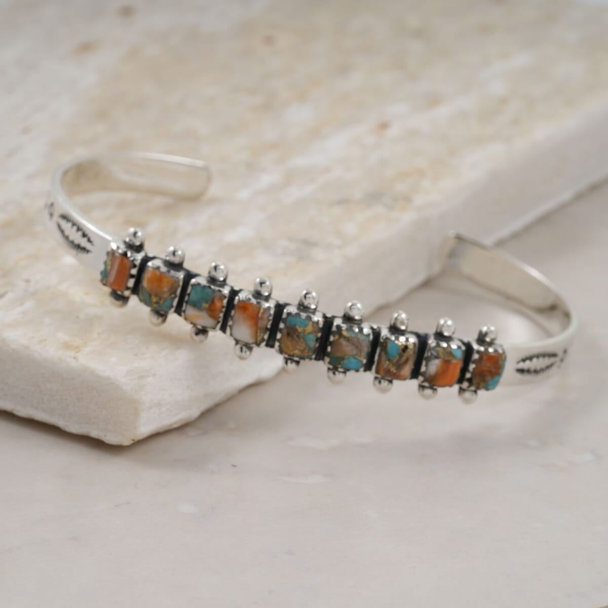 Santa Fe Style Spiny Turquoise 25.00 ctw Cuff Bracelet in Sterling Silver (Adjustable) image number 1