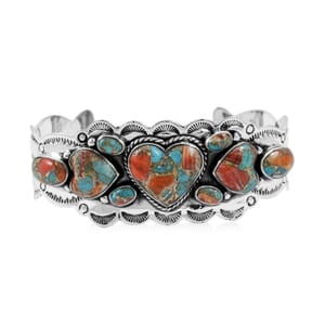 Santa Fe Style Spiny Turquoise 85.00 ctw Cuff Bracelet in Sterling Silver (Adjustable)