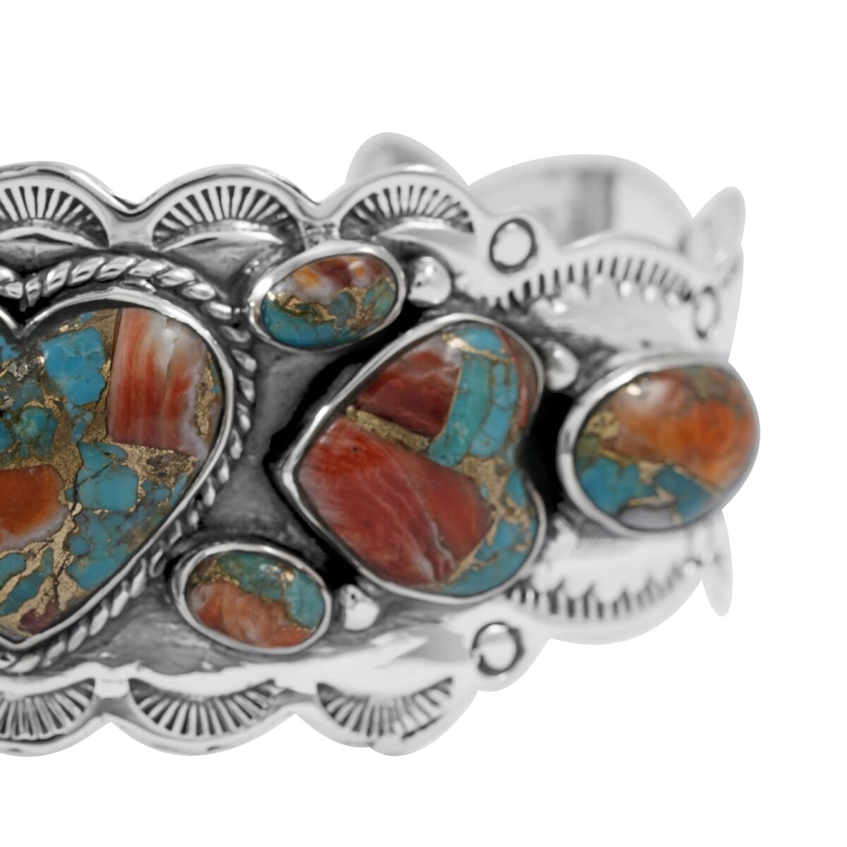 Santa Fe Style Spiny Turquoise 85.00 ctw Cuff Bracelet in Sterling Silver (Adjustable) image number 3