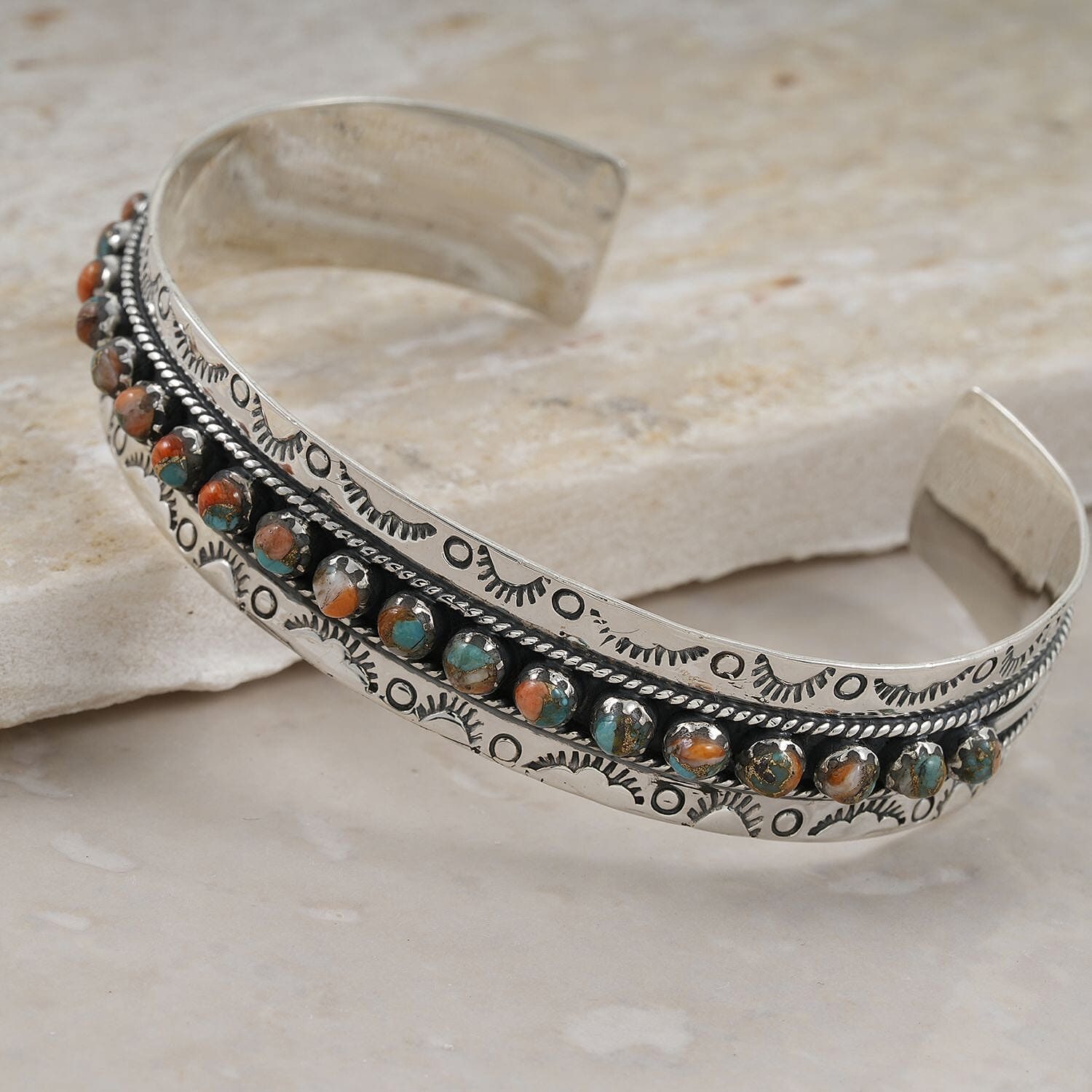 Santa Fe Style Spiny Turquoise 57.00 ctw Cuff Bracelet in Sterling Silver (Adjustable)