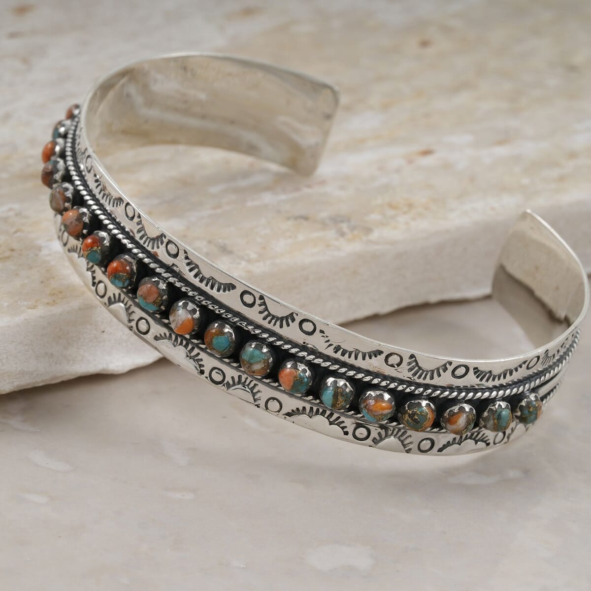 Santa Fe Style Spiny Turquoise 57.00 ctw Cuff Bracelet in Sterling Silver (Adjustable) image number 1