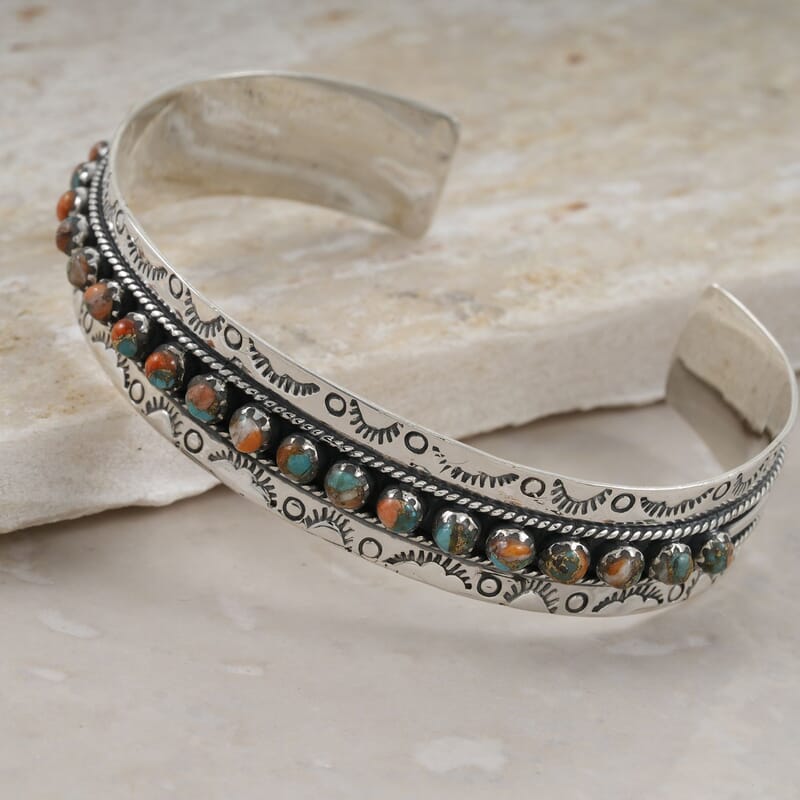 Santa Fe Style Spiny Turquoise 57.00 ctw Cuff Bracelet in Sterling Silver (Adjustable)