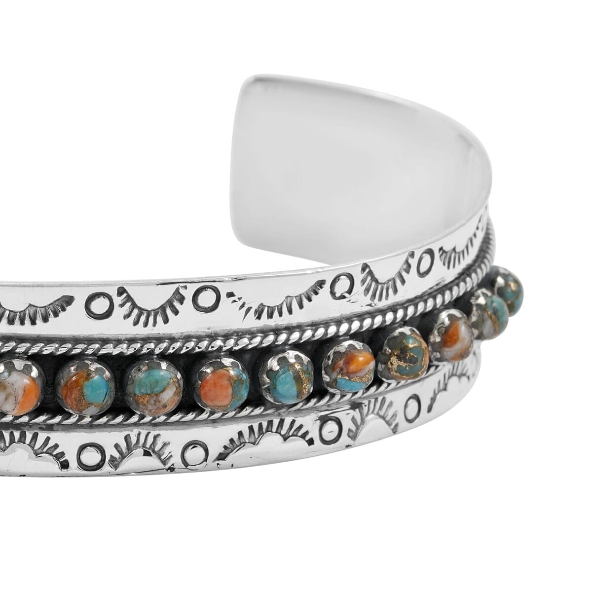 Santa Fe Style Spiny Turquoise 57.00 ctw Cuff Bracelet in Sterling Silver (Adjustable) image number 3
