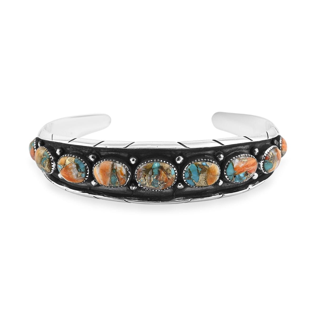 Santa Fe Style Spiny Turquoise 68.00 ctw Cuff Bracelet in Sterling Silver (Adjustable) image number 0