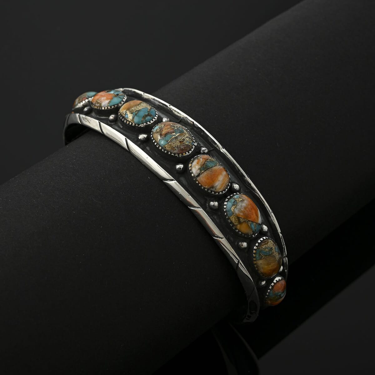 Santa Fe Style Spiny Turquoise 68.00 ctw Cuff Bracelet in Sterling Silver (Adjustable) image number 1