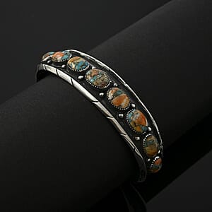 Santa Fe Style Spiny Turquoise 68.00 ctw Cuff Bracelet in Sterling Silver (Adjustable)