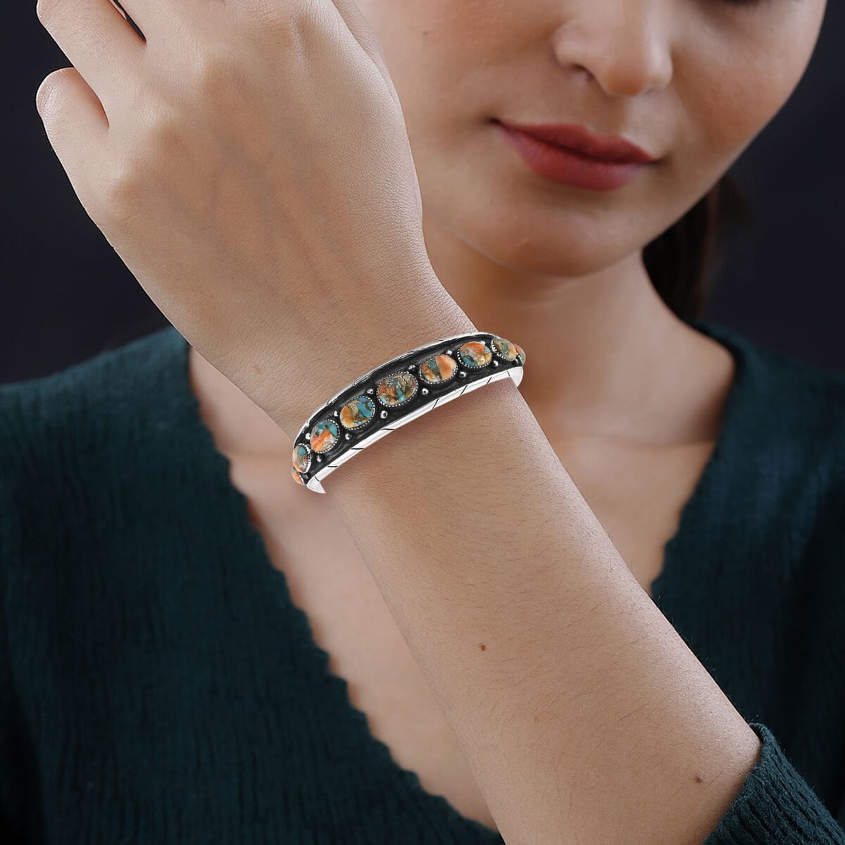 Santa Fe Style Spiny Turquoise 68.00 ctw Cuff Bracelet in Sterling Silver (Adjustable) image number 2