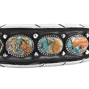 Santa Fe Style Spiny Turquoise 68.00 ctw Cuff Bracelet in Sterling Silver (Adjustable)