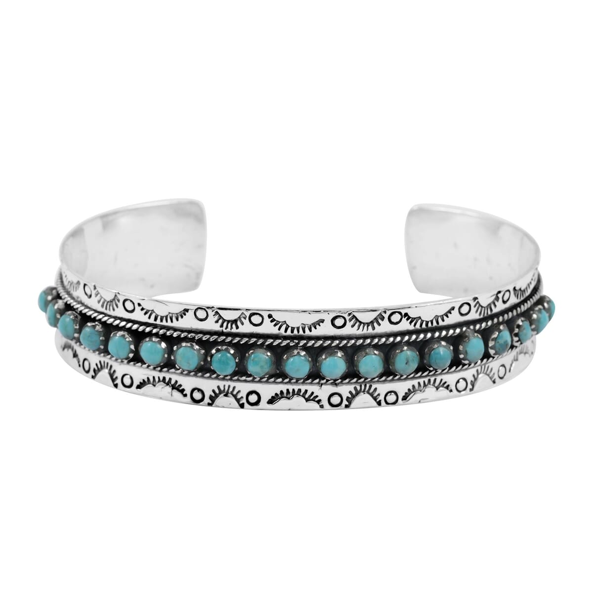 Santa Fe Style Kingman Turquoise 57.00 ctw Cuff Bracelet in Sterling Silver (Adjustable) image number 0