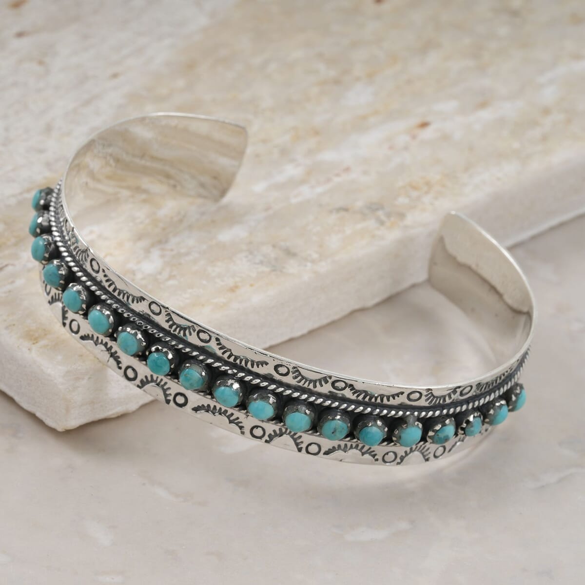 Santa Fe Style Kingman Turquoise 57.00 ctw Cuff Bracelet in Sterling Silver (Adjustable) image number 1