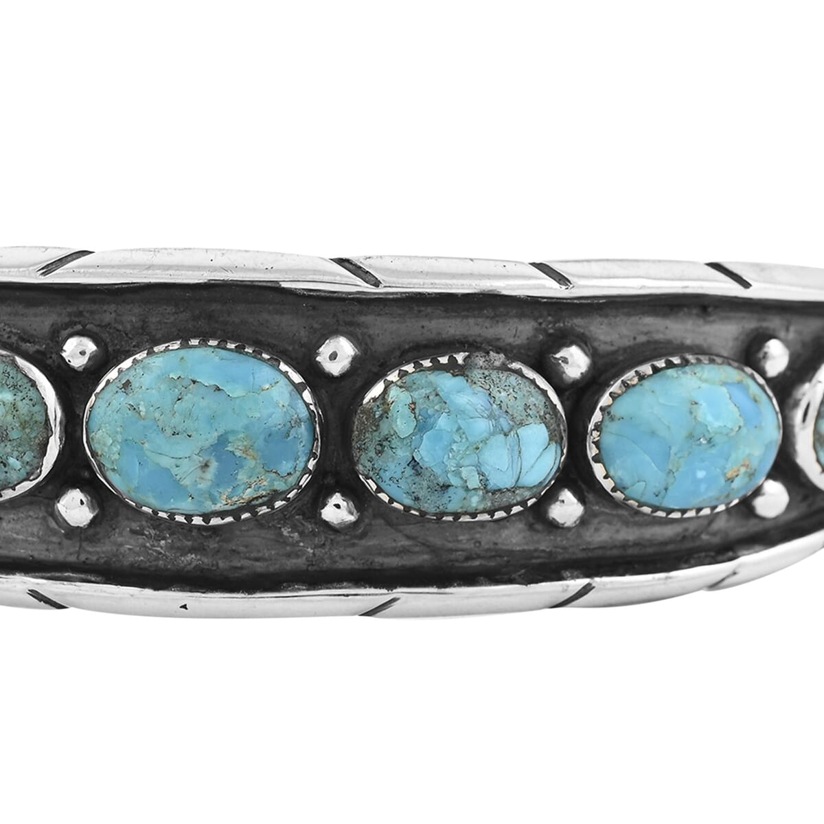 Santa Fe Style Kingman Turquoise 68.00 ctw Cuff Bracelet in Sterling Silver (Adjustable) image number 3