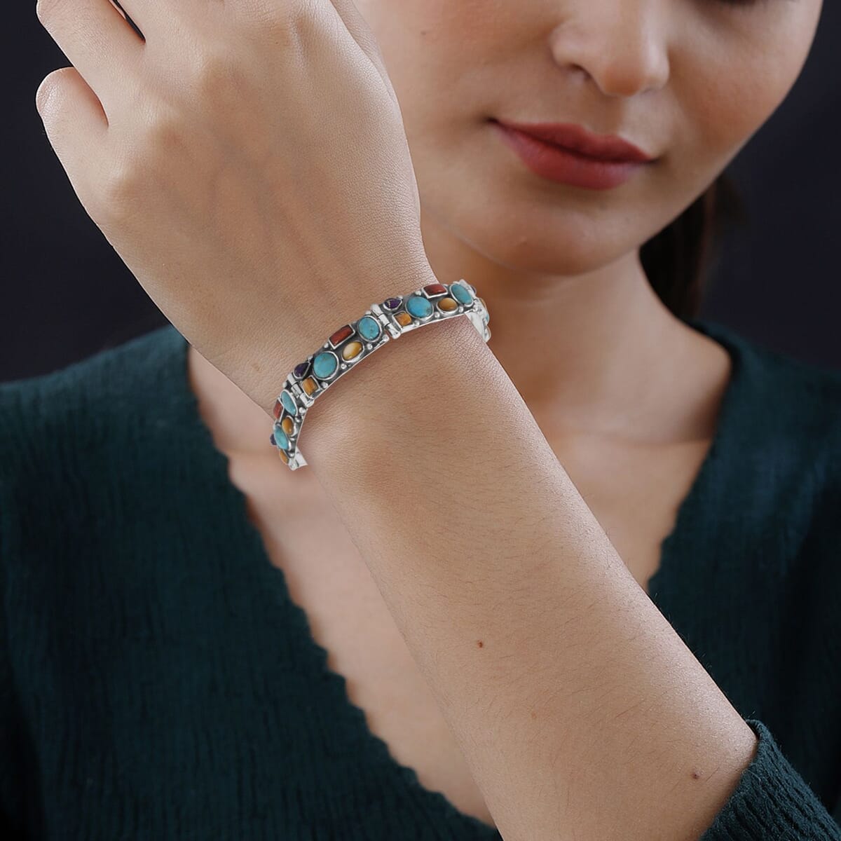 Santa Fe Style Multi Gemstone 37.50 ctw Bracelet in Sterling Silver (6.50-7.50In) image number 2