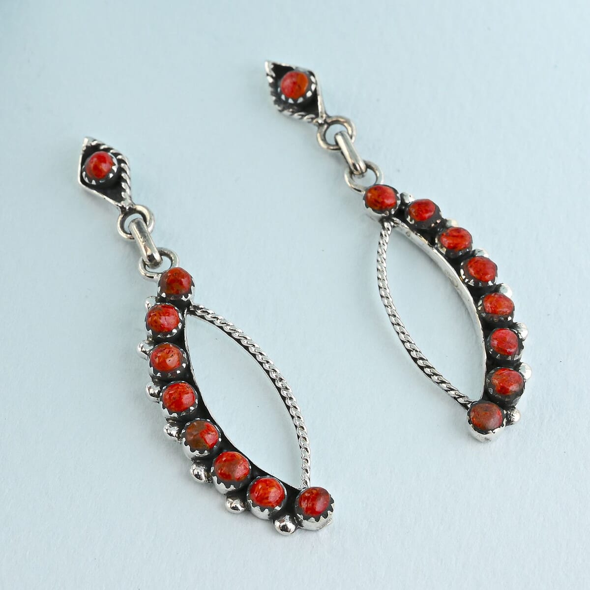 Santa Fe Style Red Coral 8.50 ctw Earrings in Sterling Silver image number 1