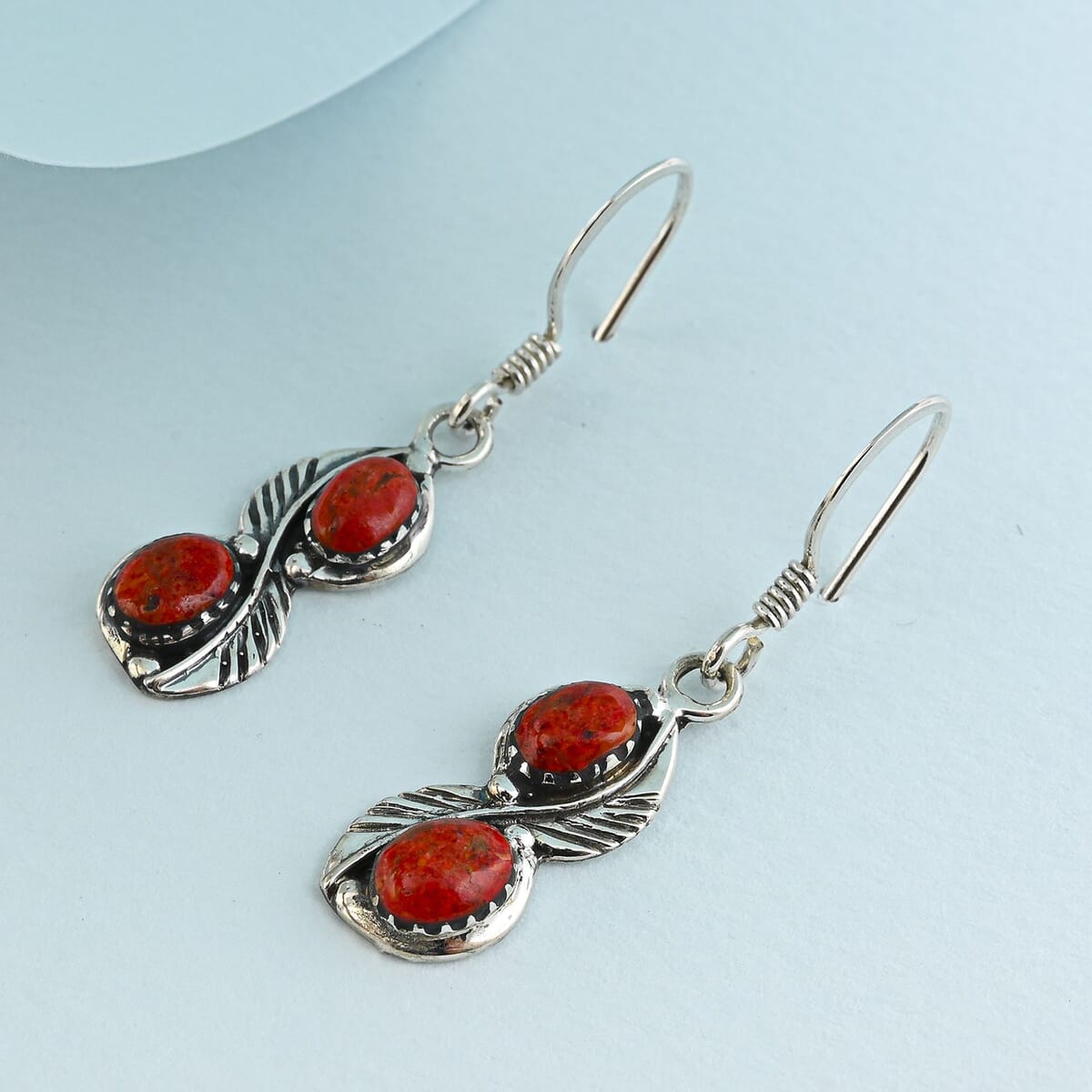 Santa Fe Style Red Coral 7.00 ctw Earrings in Sterling Silver image number 1