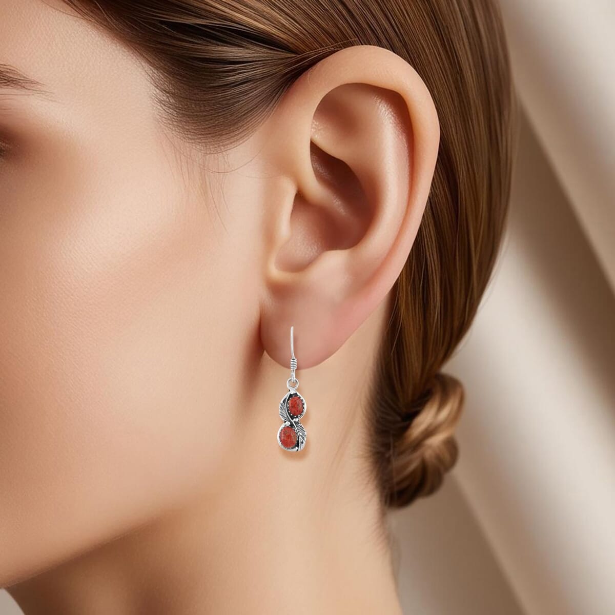 Santa Fe Style Red Coral 7.00 ctw Earrings in Sterling Silver image number 2