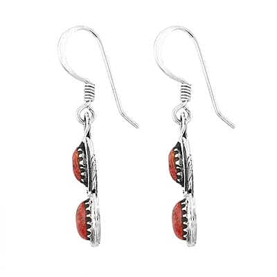 Santa Fe Style Red Coral 7.00 ctw Earrings in Sterling Silver