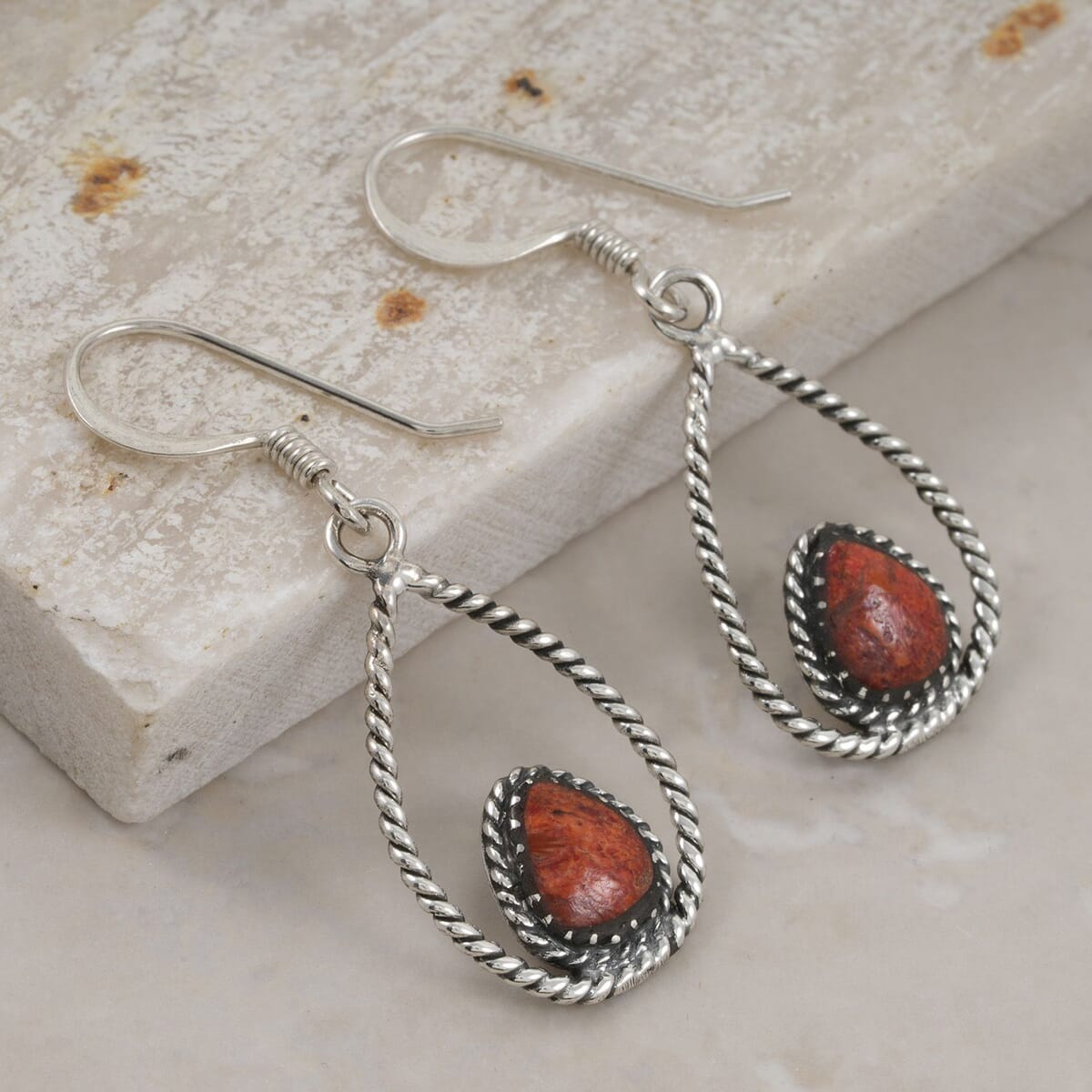 Santa Fe Style Red Coral 4.50 ctw Earrings in Sterling Silver image number 1