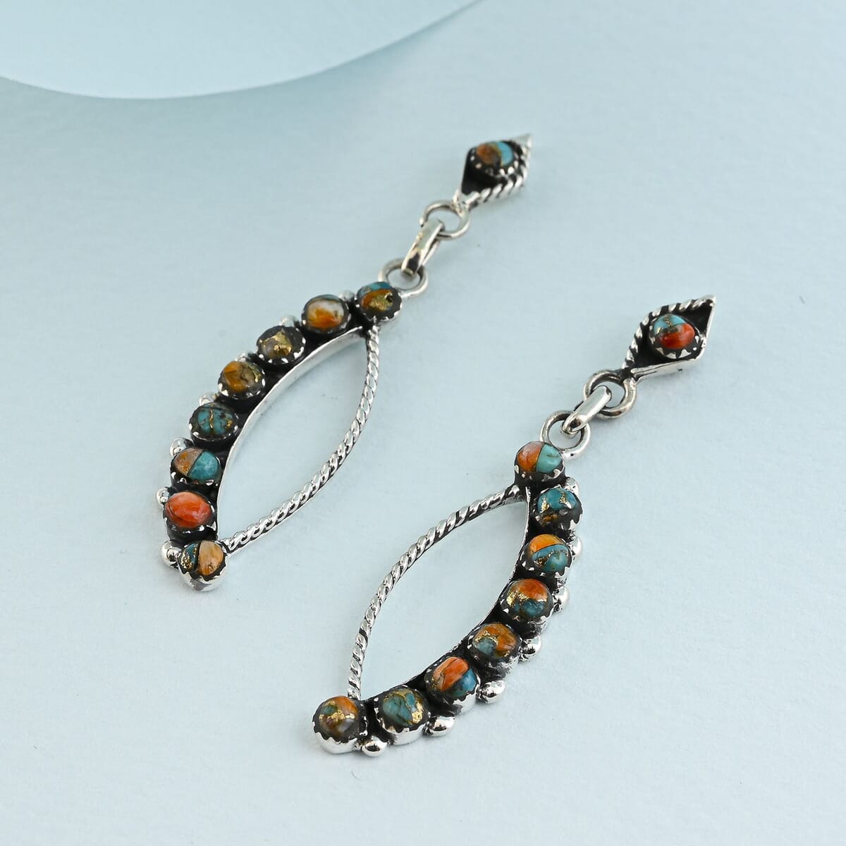 Santa Fe Style Spiny Turquoise 8.50 ctw Earrings in Sterling Silver image number 1
