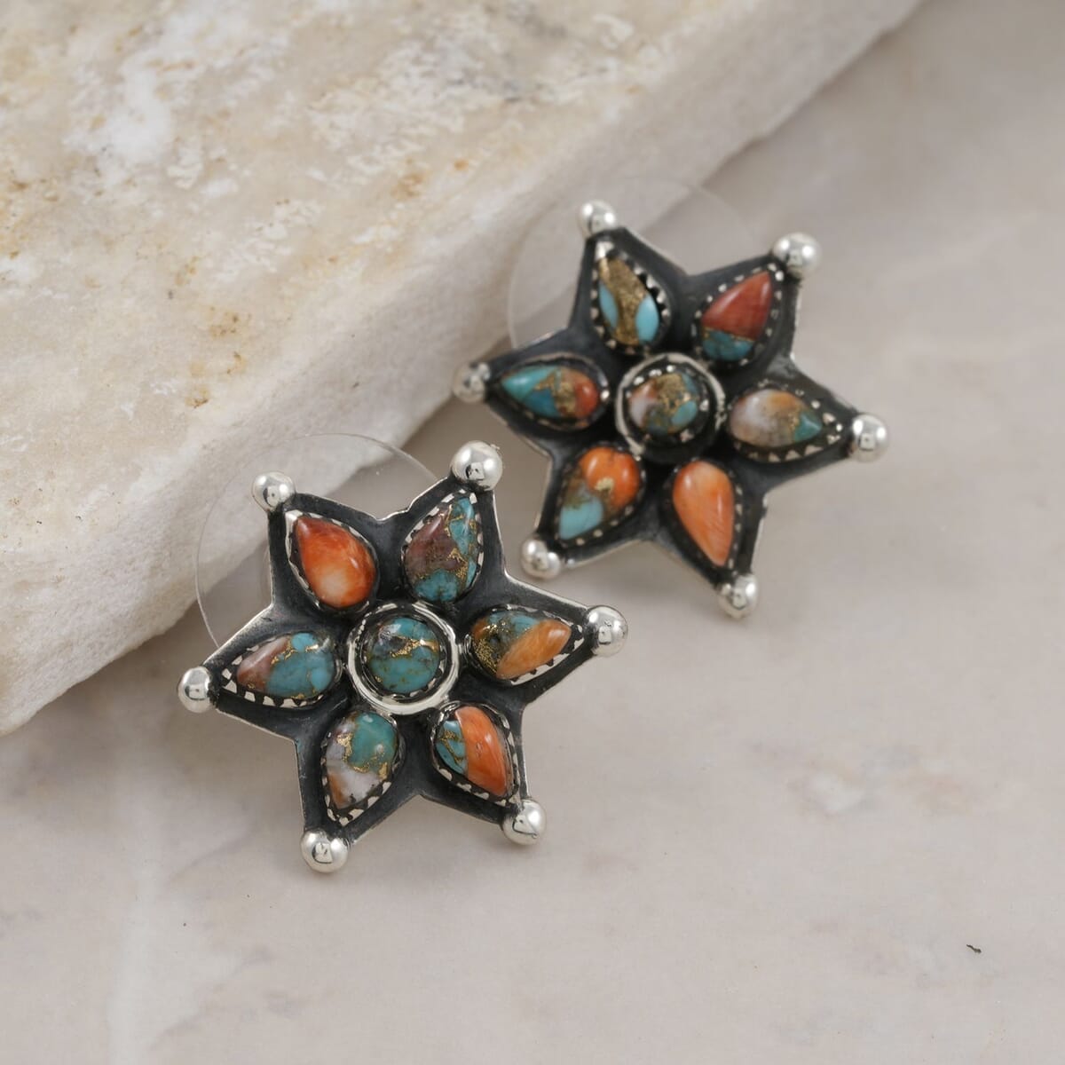 Santa Fe Style Spiny Turquoise 10.00 ctw Earrings in Sterling Silver image number 1