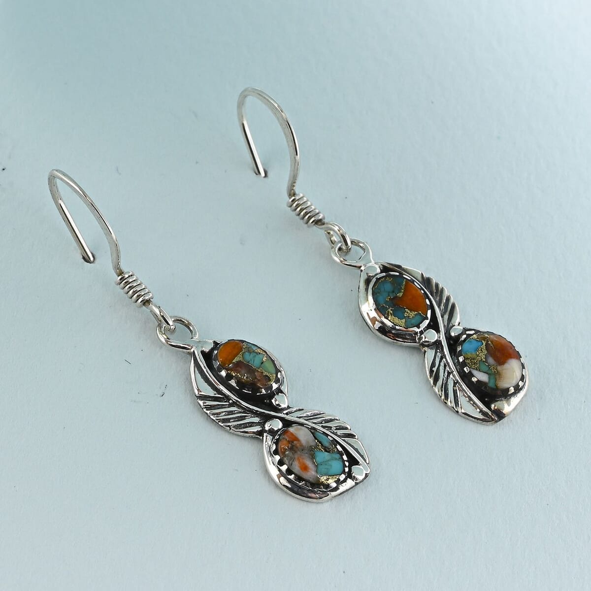Santa Fe Style Spiny Turquoise 7.00 ctw Earrings in Sterling Silver image number 1