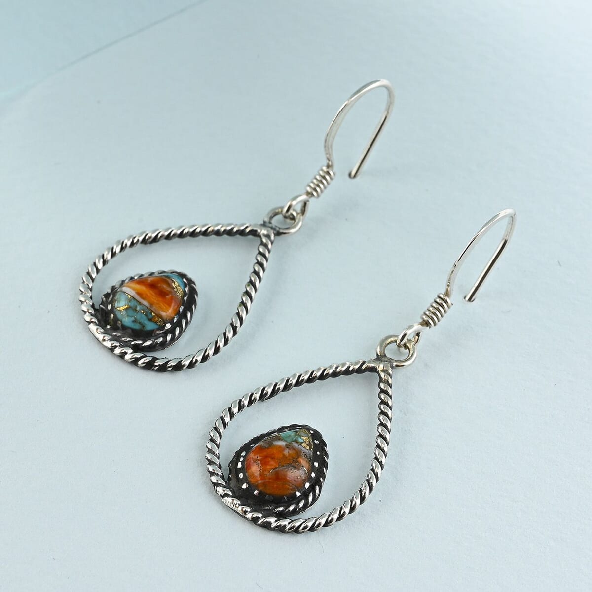 Santa Fe Style Spiny Turquoise 4.50 ctw Earrings in Sterling Silver image number 1