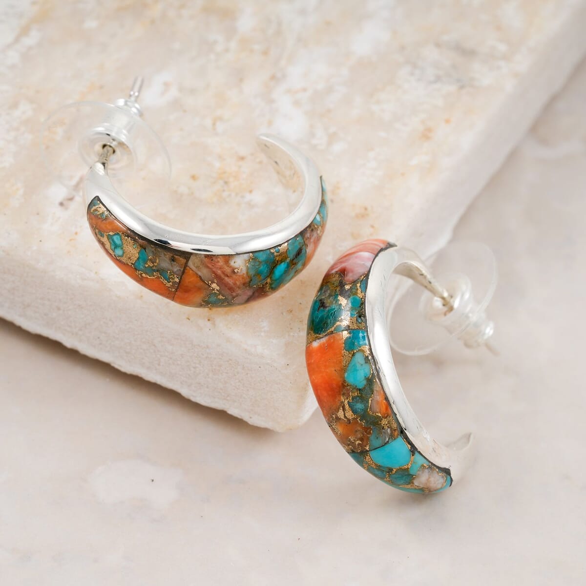 Santa Fe Style Spiny Turquoise 8.00 ctw Earrings in Sterling Silver image number 1