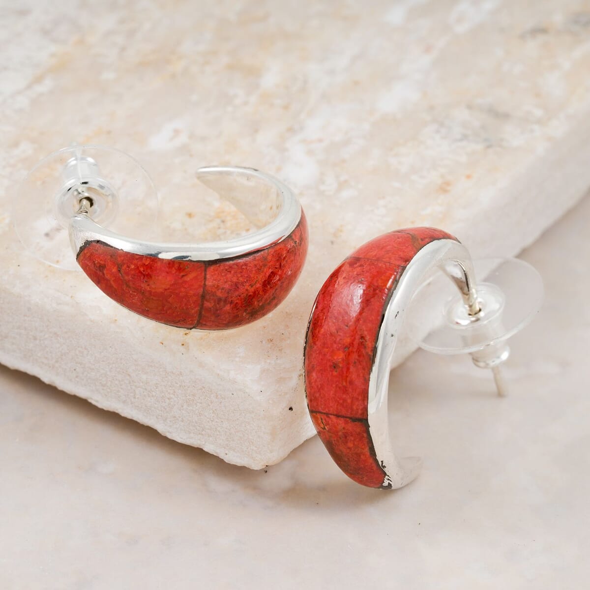 Santa Fe Style Enhanced Red Coral 8.00 ctw Earrings in Sterling Silver image number 1