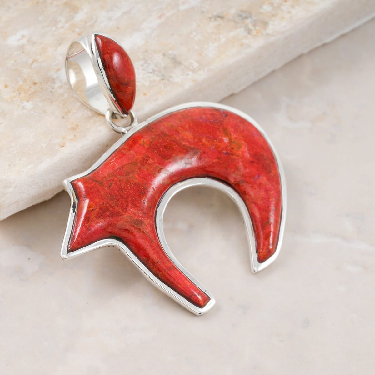 Santa Fe Style Enhanced Red Coral 44.00 ctw Pendant in Sterling Silver image number 1