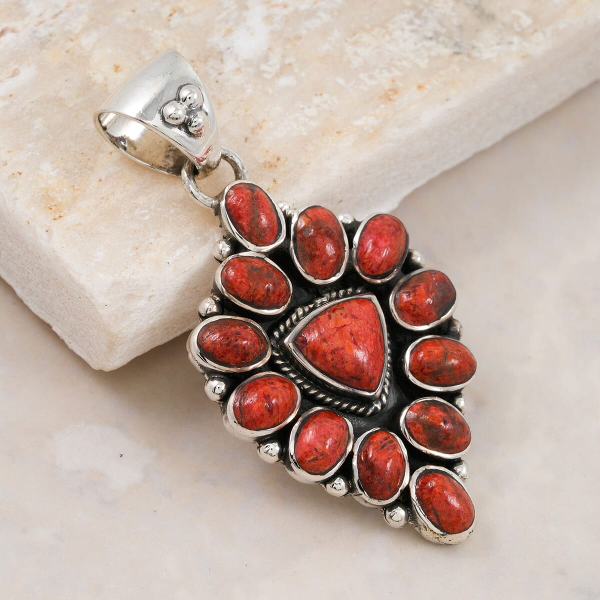 Santa Fe Style Enhanced Red Coral 15.00 ctw Pendant in Sterling Silver image number 1