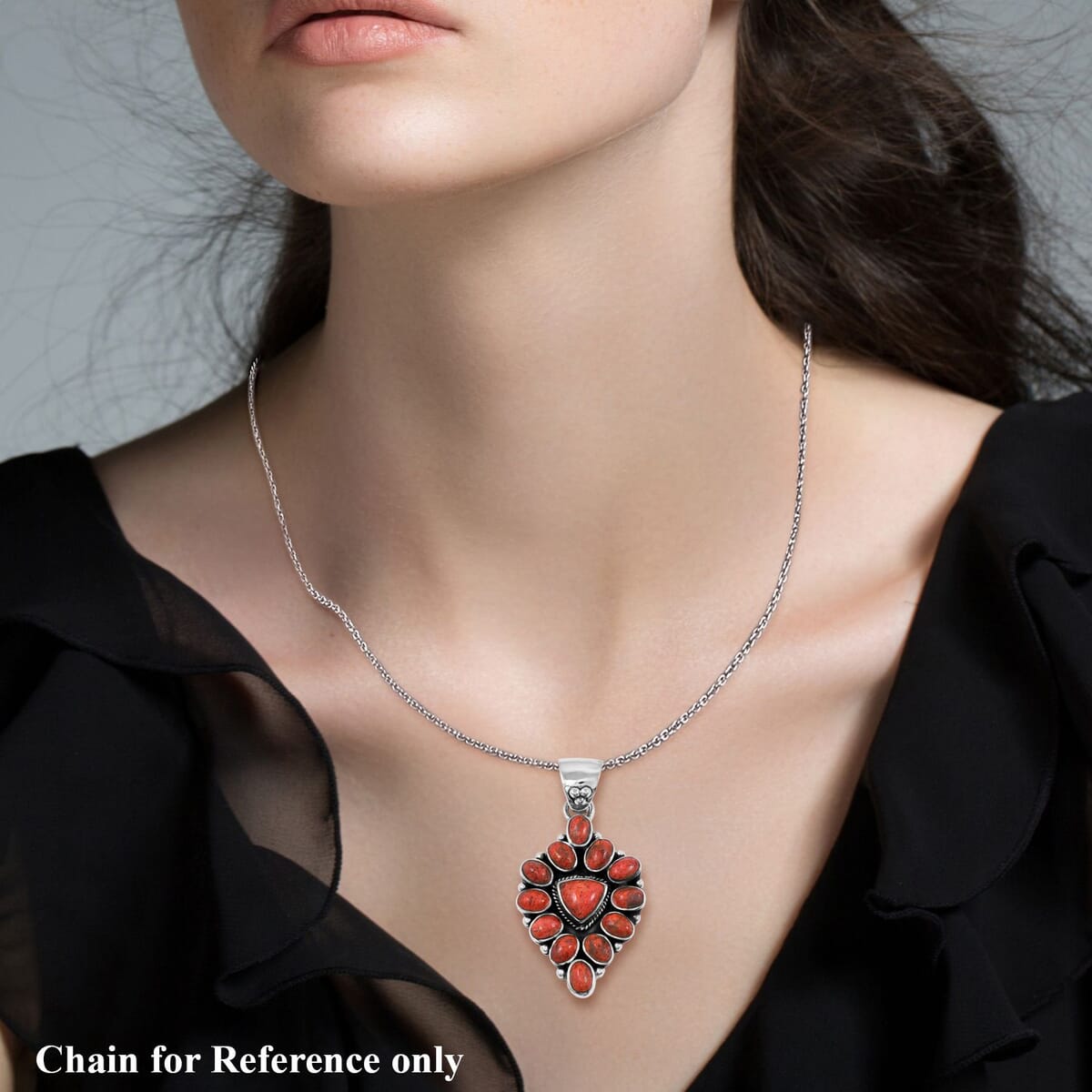 Santa Fe Style Enhanced Red Coral 15.00 ctw Pendant in Sterling Silver image number 2