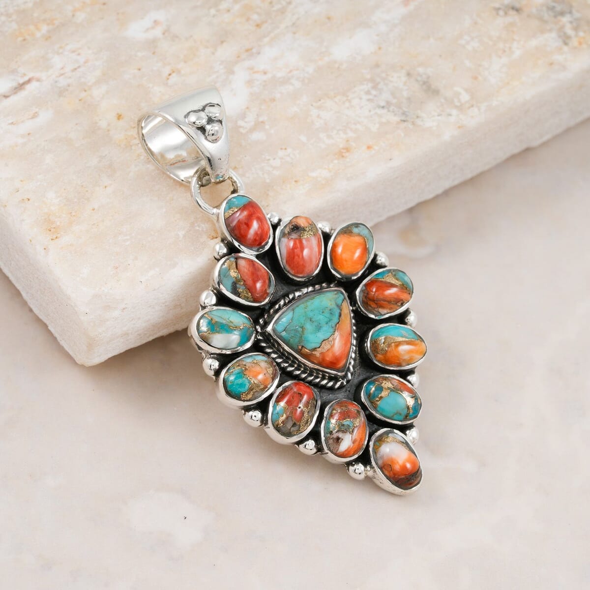 Santa Fe Style Spiny Turquoise 15.00 ctw Pendant in Sterling Silver image number 1
