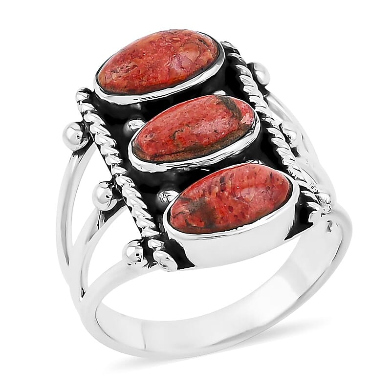 Santa Fe Style Enhanced Red Coral 8.50 ctw Ring in Sterling Silver (Size 10.0)