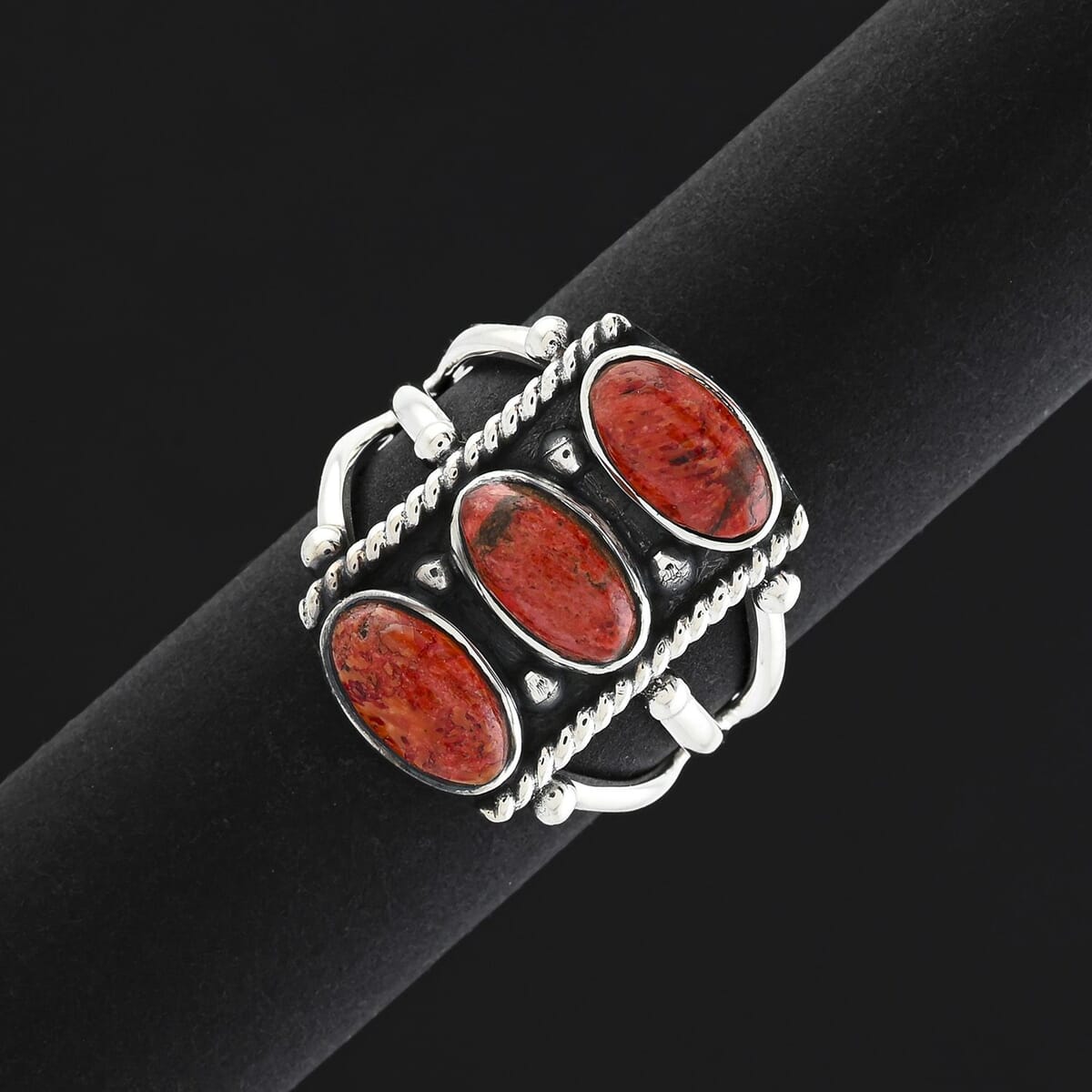 Santa Fe Style Enhanced Red Coral 8.50 ctw Ring in Sterling Silver (Size 9.0) image number 1