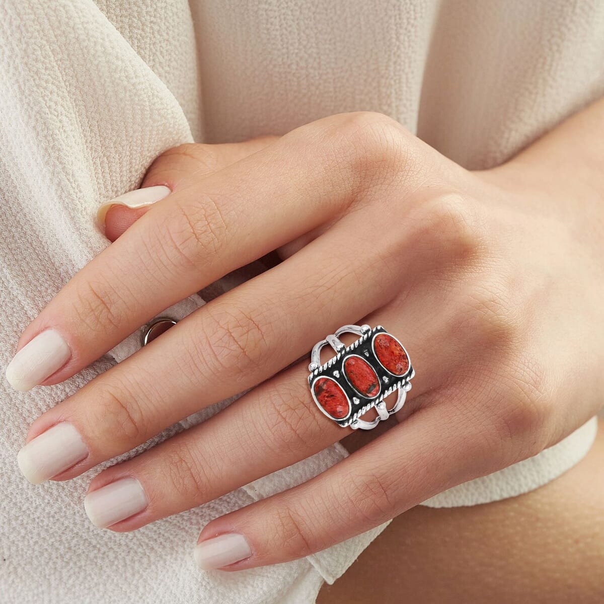 Santa Fe Style Enhanced Red Coral 8.50 ctw Ring in Sterling Silver (Size 9.0) image number 2