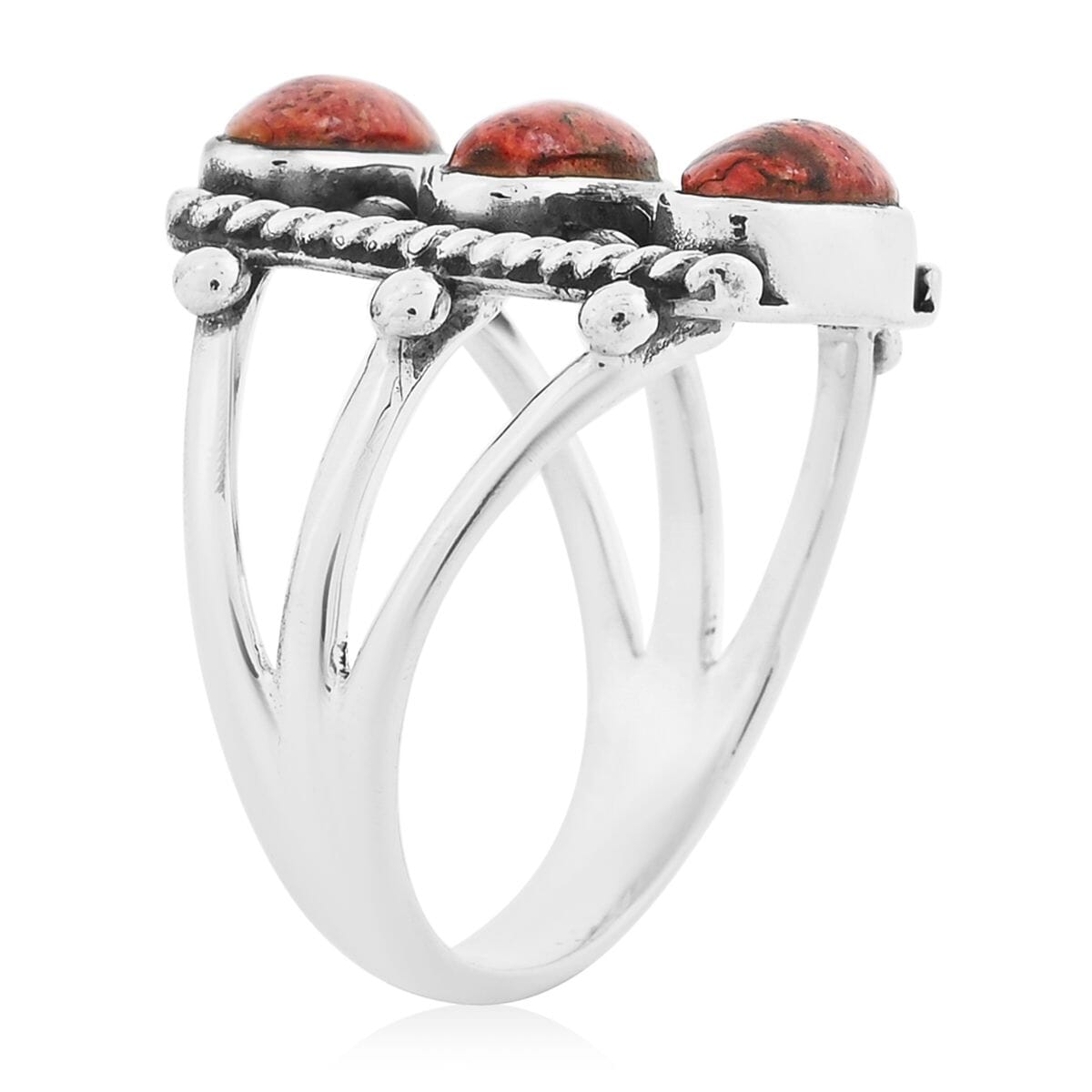 Santa Fe Style Enhanced Red Coral 8.50 ctw Ring in Sterling Silver (Size 9.0) image number 3