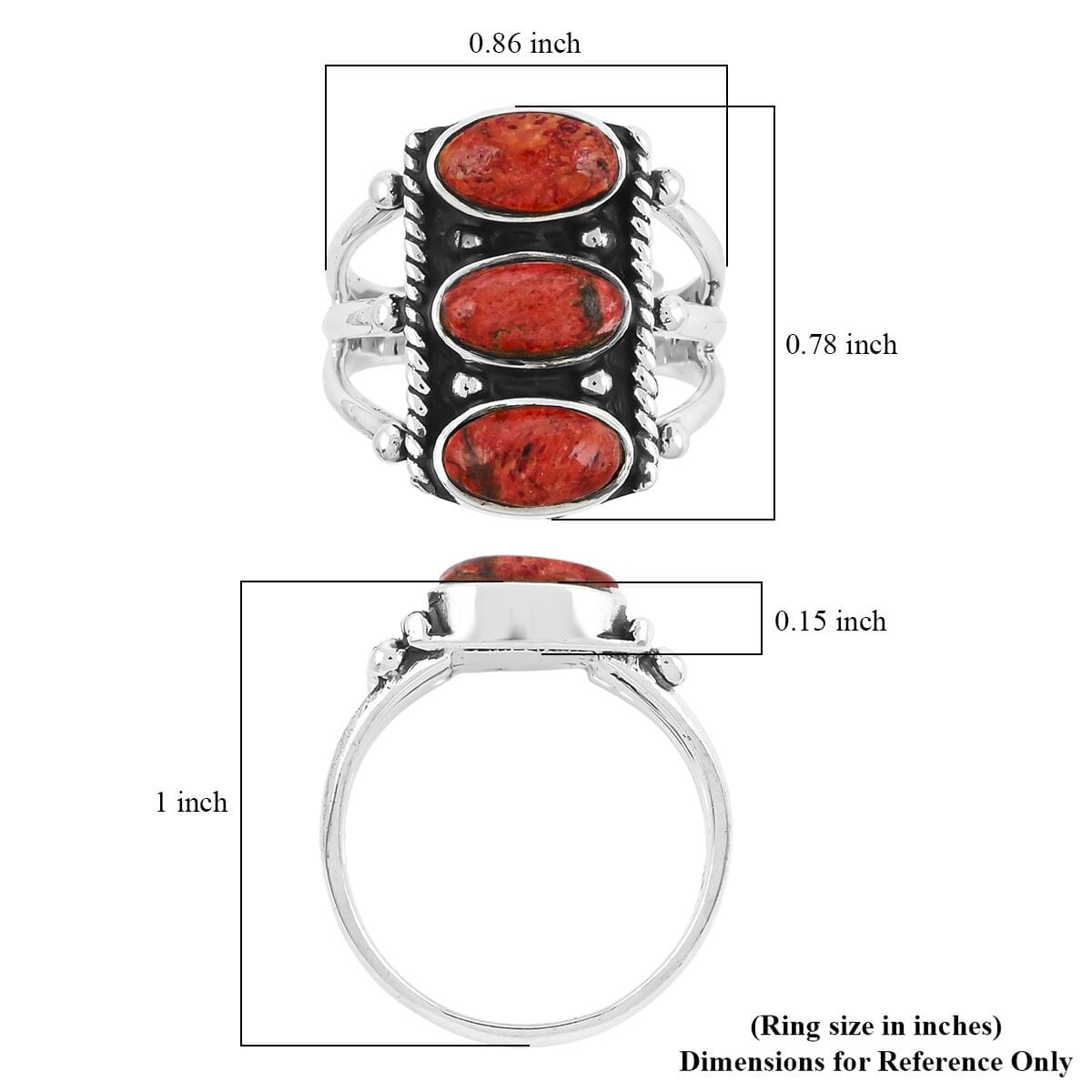 Santa Fe Style Enhanced Red Coral 8.50 ctw Ring in Sterling Silver (Size 9.0) image number 5