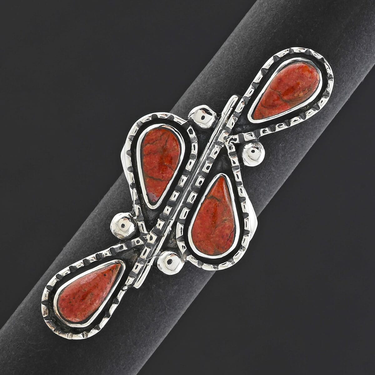 Santa Fe Style Enhanced Red Coral 8.00 ctw Ring in Sterling Silver (Size 11.0) image number 1