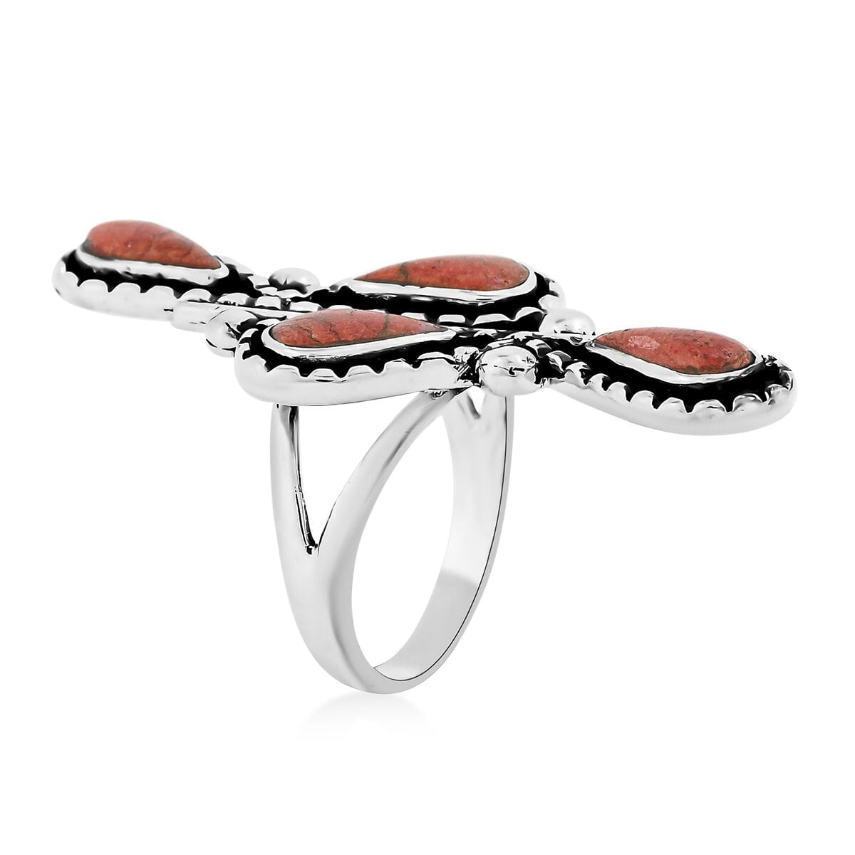 Santa Fe Style Enhanced Red Coral 8.00 ctw Ring in Sterling Silver (Size 11.0) image number 3