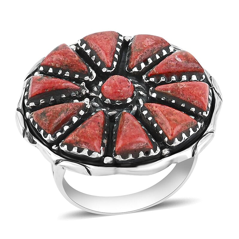 Santa Fe Style Enhanced Red Coral 19.00 ctw Ring in Sterling Silver (Size 10.0)