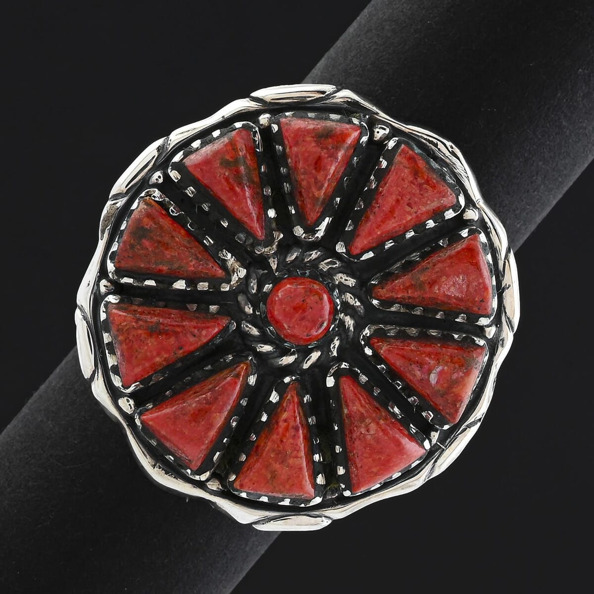Santa Fe Style Enhanced Red Coral 19.00 ctw Ring in Sterling Silver (Size 11.0) image number 1