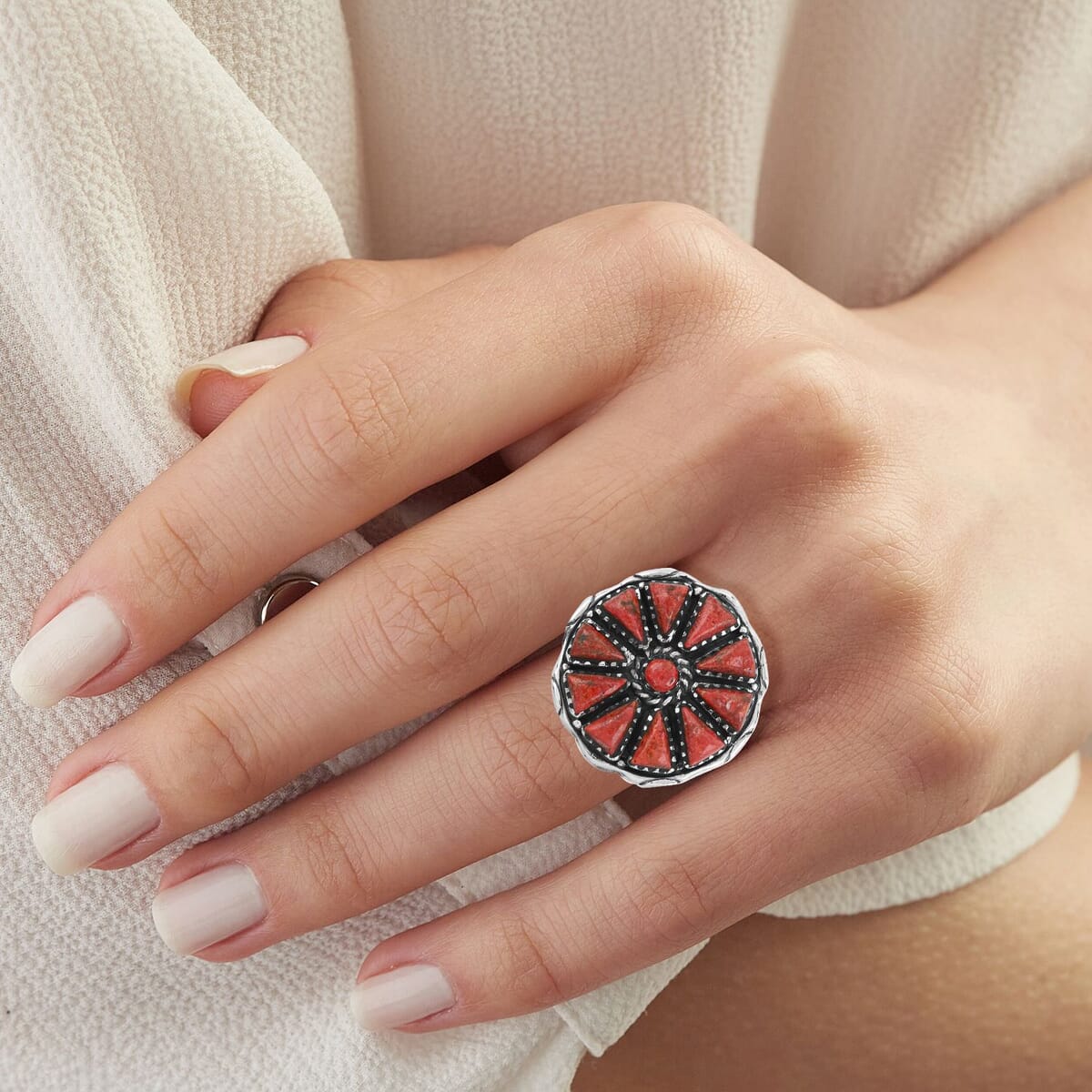 Santa Fe Style Enhanced Red Coral 19.00 ctw Ring in Sterling Silver (Size 11.0) image number 2
