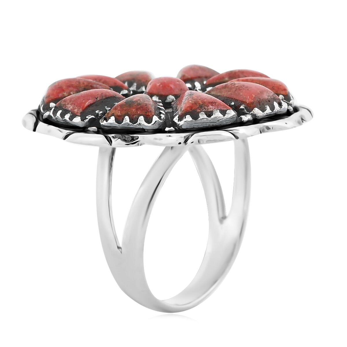 Santa Fe Style Enhanced Red Coral 19.00 ctw Ring in Sterling Silver (Size 11.0) image number 3