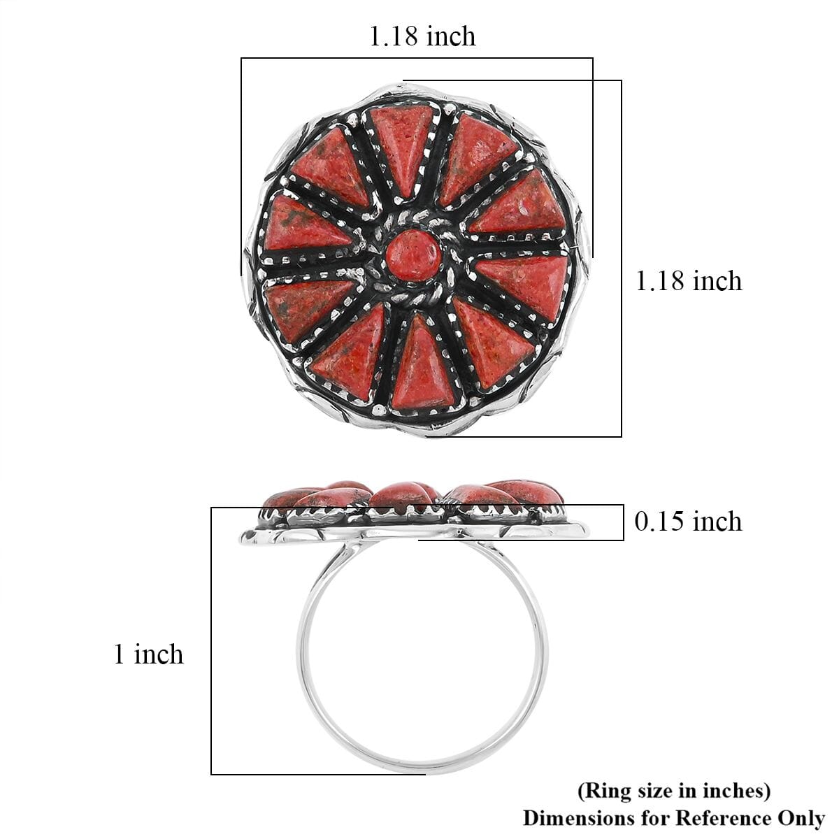 Santa Fe Style Enhanced Red Coral 19.00 ctw Ring in Sterling Silver (Size 11.0) image number 5
