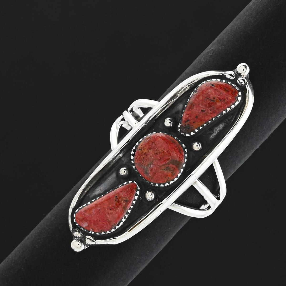 Santa Fe Style Enhanced Red Coral 9.00 ctw Ring in Sterling Silver (Size 11.0) image number 1