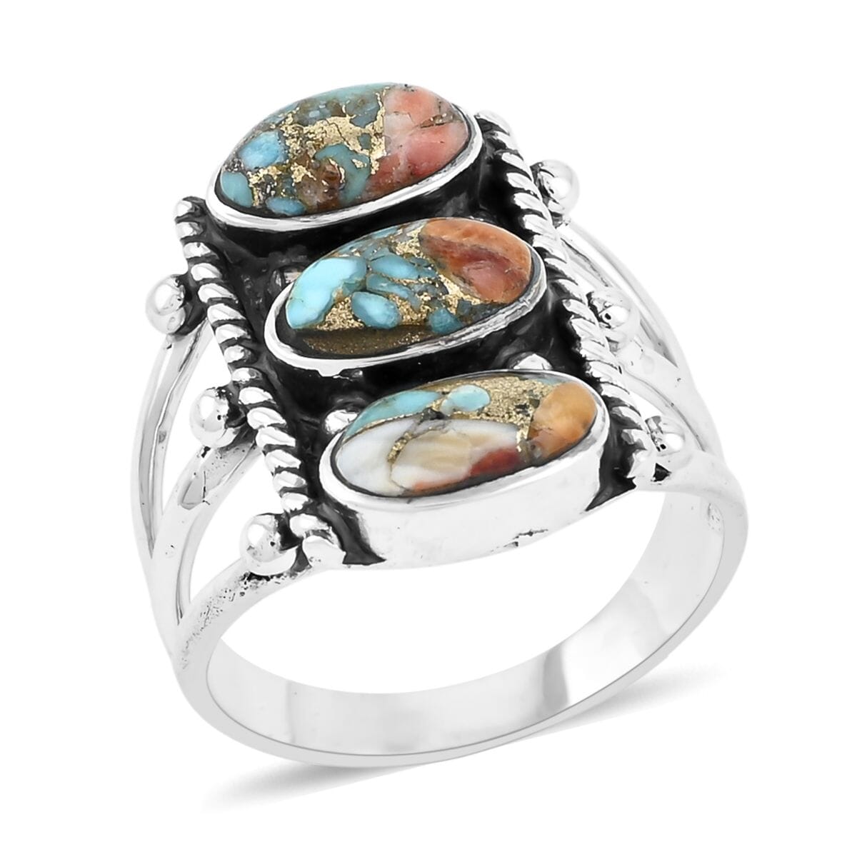 Santa Fe Style Spiny Turquoise 8.50 ctw Ring in Sterling Silver (Size 7.0) image number 0