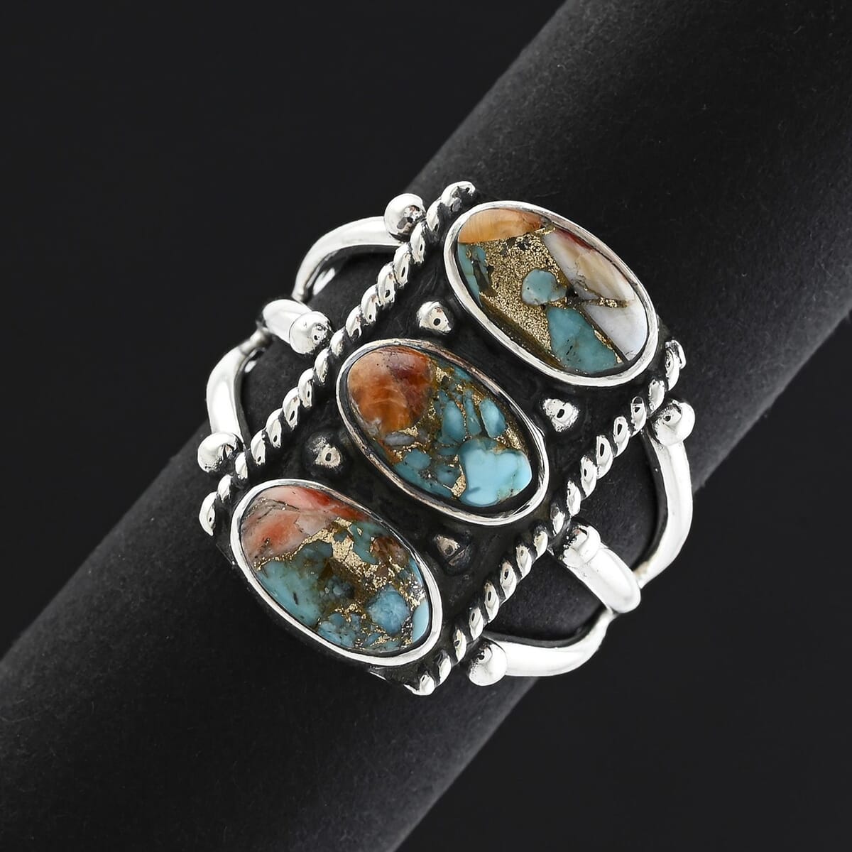 Santa Fe Style Spiny Turquoise 8.50 ctw Ring in Sterling Silver (Size 9.0) image number 1